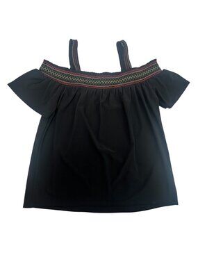 White House Black Market Top Medium Black Embroidered Cold Shoulder Boho Blouse